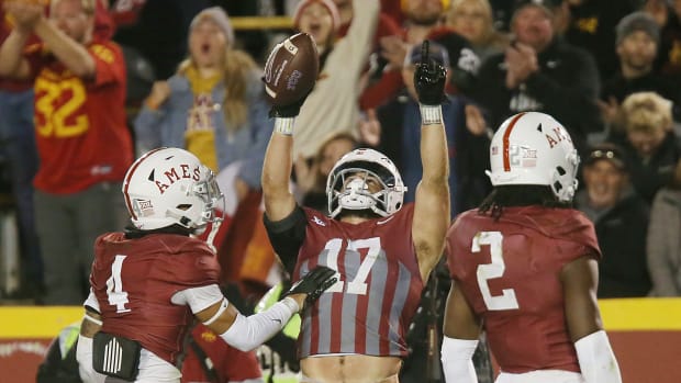 Iowa State Cyclones defensive back Beau Freyler (17) celebrates with teammates after an interception during the fourth quarter in the Jack Trice Legacy Game at Jack Trice Stadium on Saturday, Oct. 7, 2023